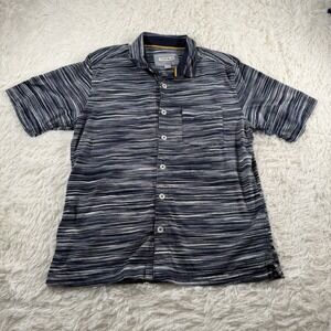 32 BAR BLUES‎ Shirt Mens Large Blue Striped Knit Short Sleeve Button Up